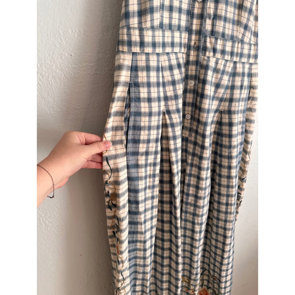 Anthropologie Picnic Wide Leg Jumpsuit Blue White Plaid Floral Embroidered 6 - Picture 4 of 6